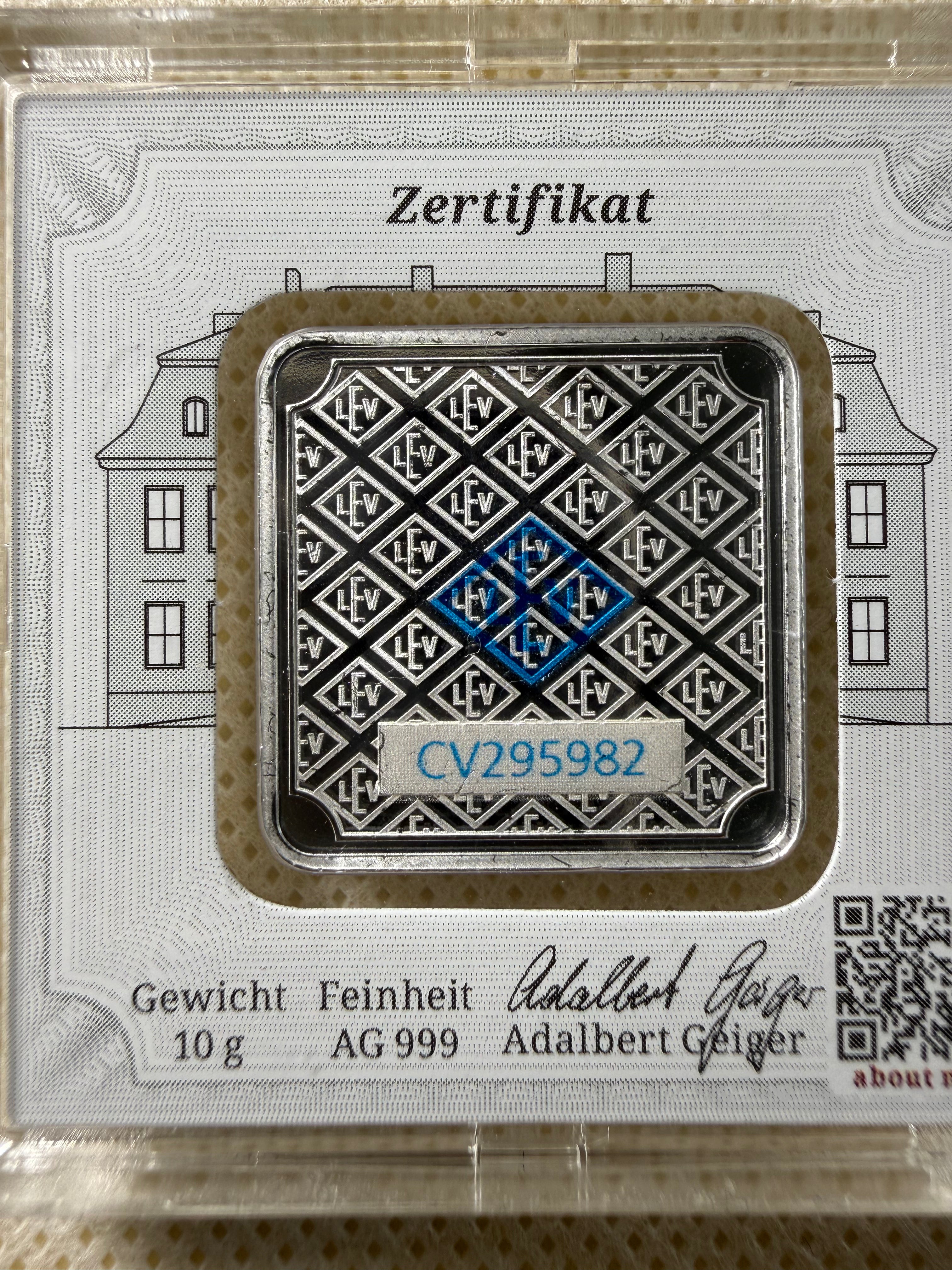 Geiger Edelmetalle - 10 Gram .999 Fine Silver Bar Ingot Sealed Assay Case COA