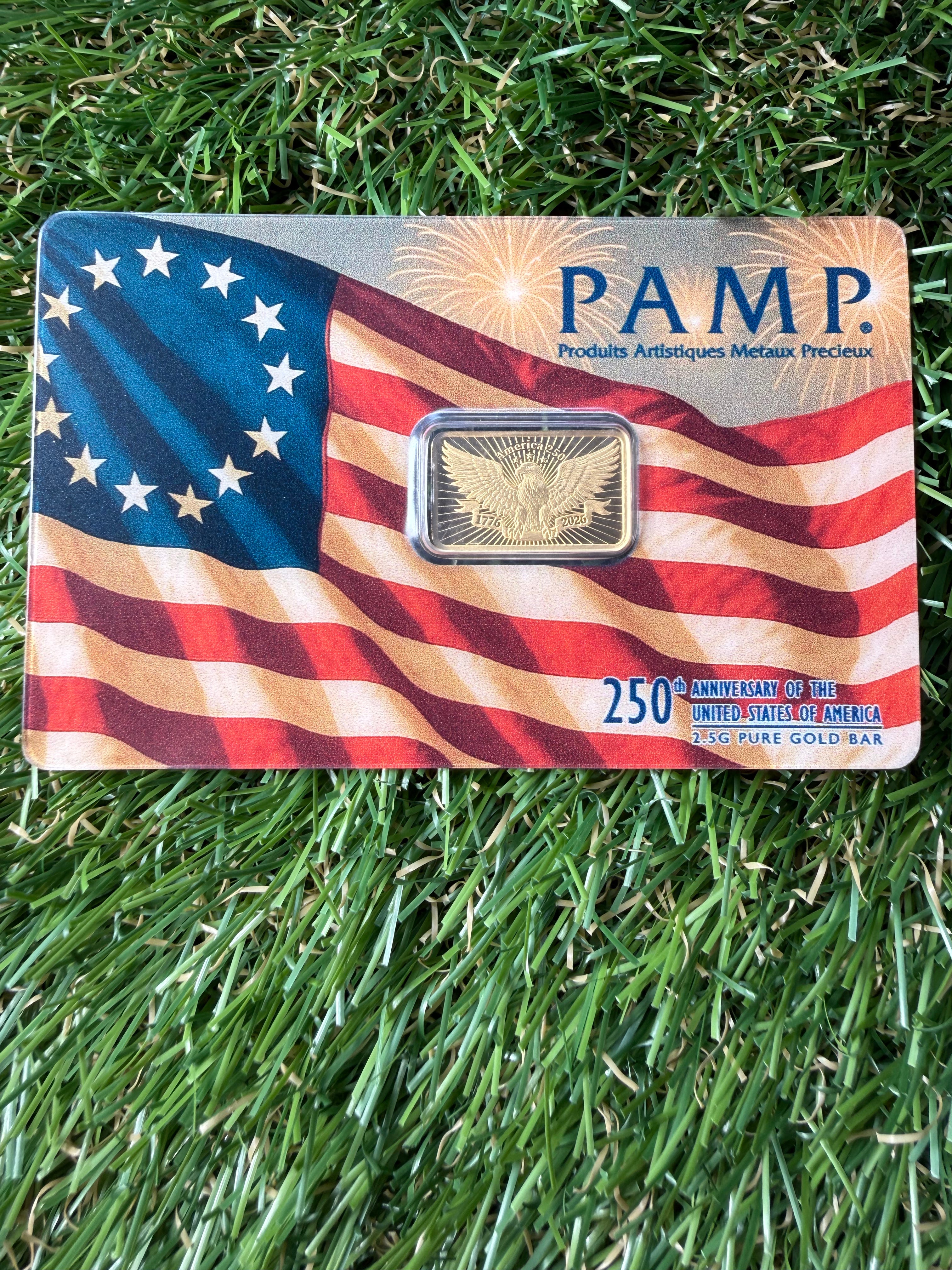 PAMP 250th Anniversary of the USA 2.5 gram Fine 999.9 Gold Bar in Assay