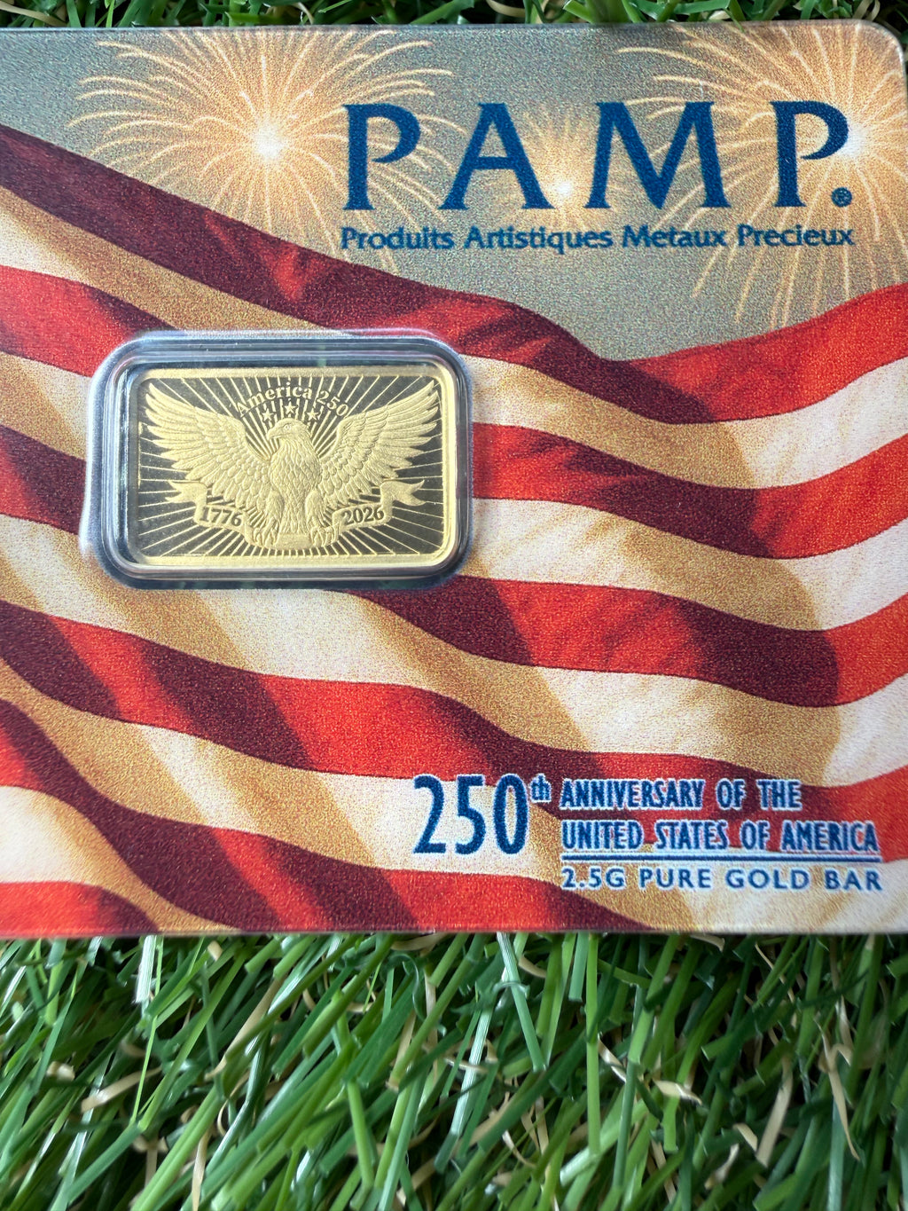 PAMP 250th Anniversary of the USA 2.5 gram Fine 999.9 Gold Bar in Assay