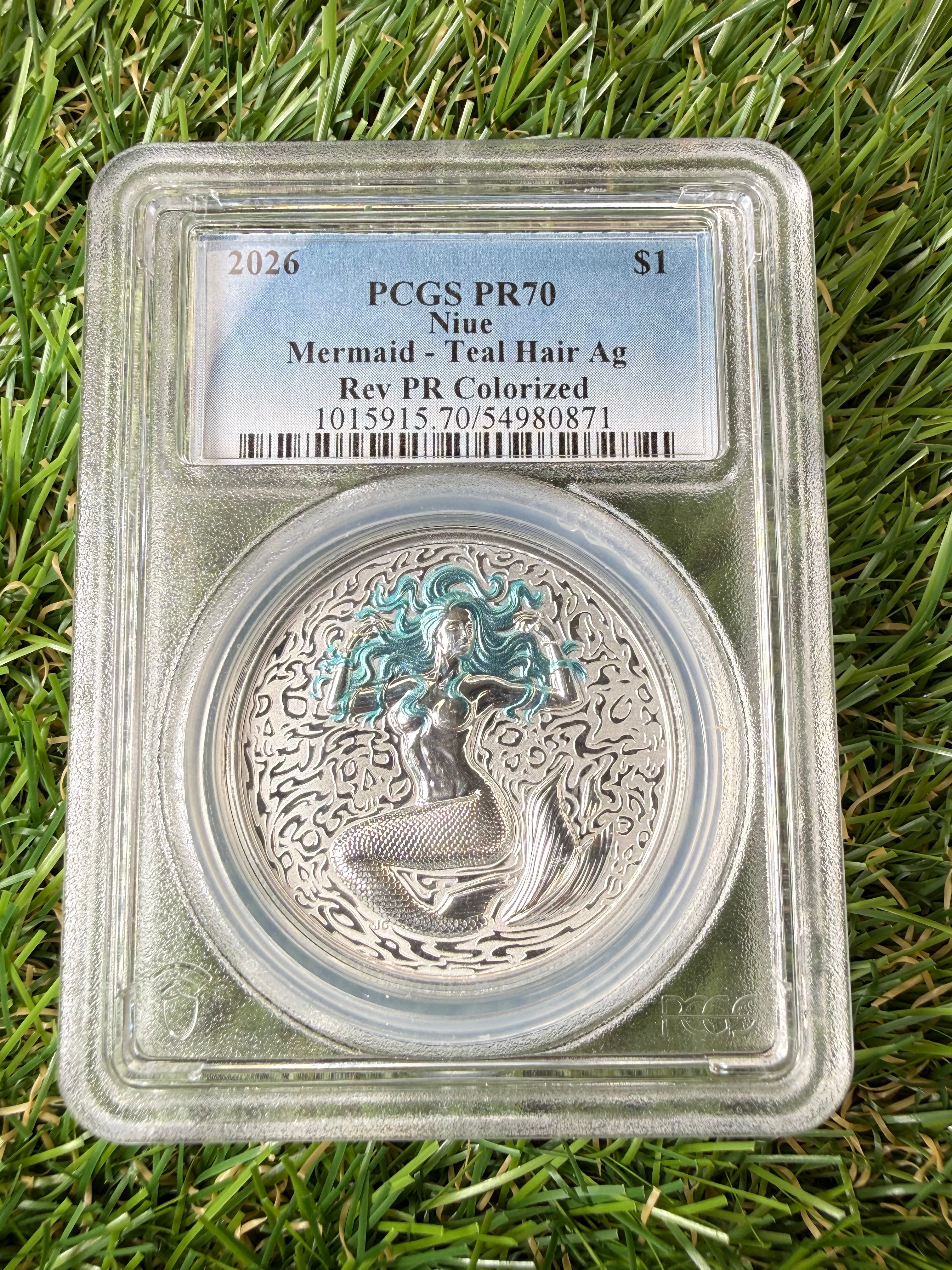 Niue Mermaid 2026 Teal Hair Colorised 1 OZ .999 Fine Silver PCGS PR70