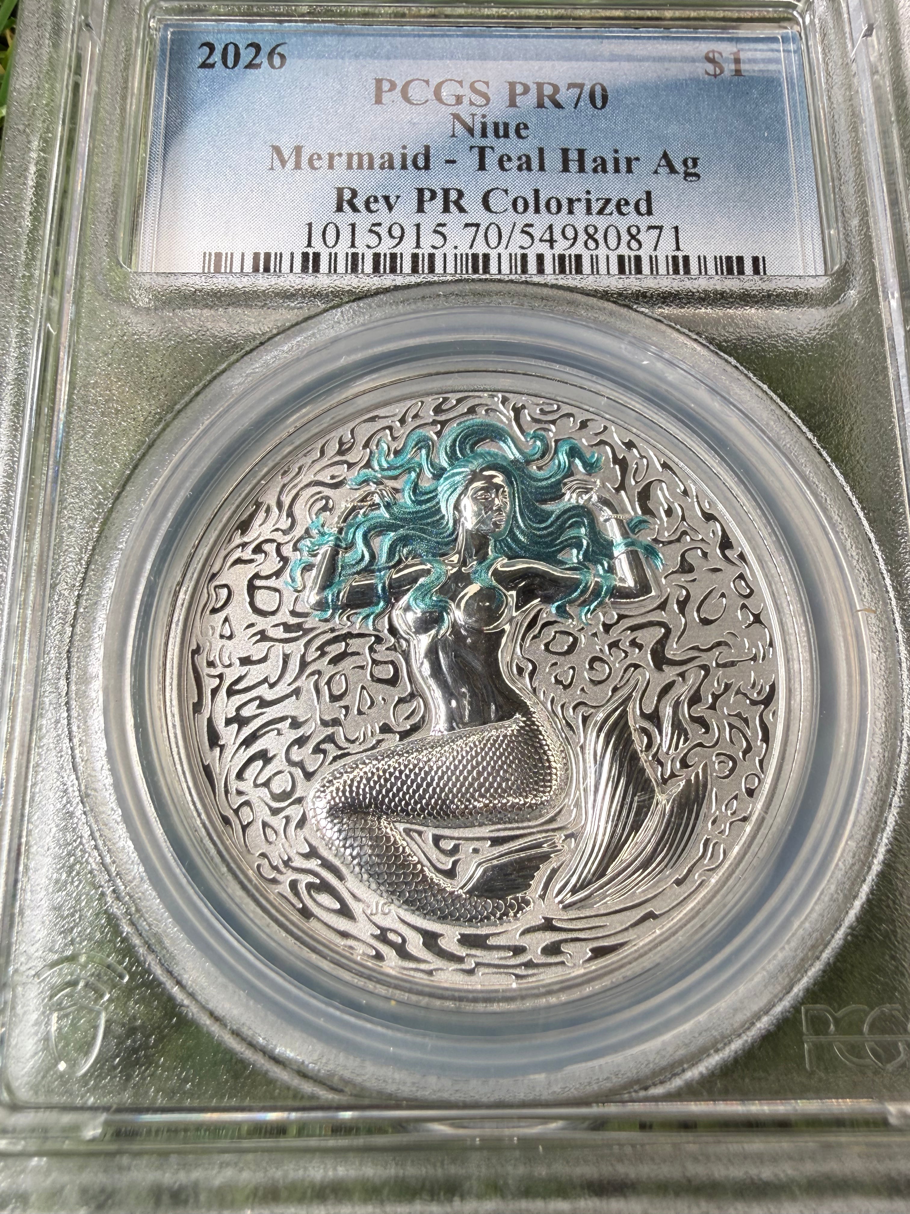 Niue Mermaid 2026 Teal Hair Colorised 1 OZ .999 Fine Silver PCGS PR70