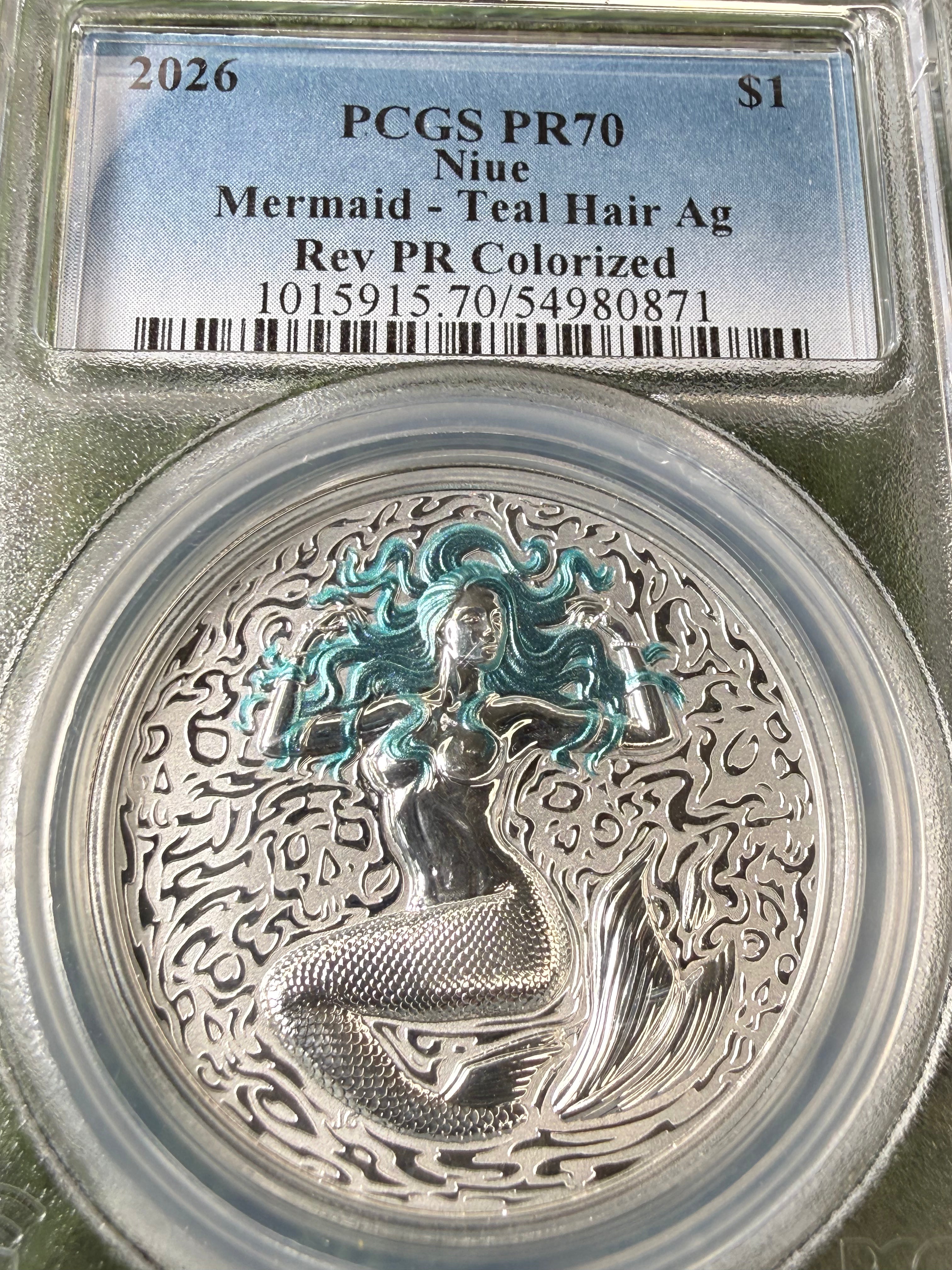 Niue Mermaid 2026 Teal Hair Colorised 1 OZ .999 Fine Silver PCGS PR70