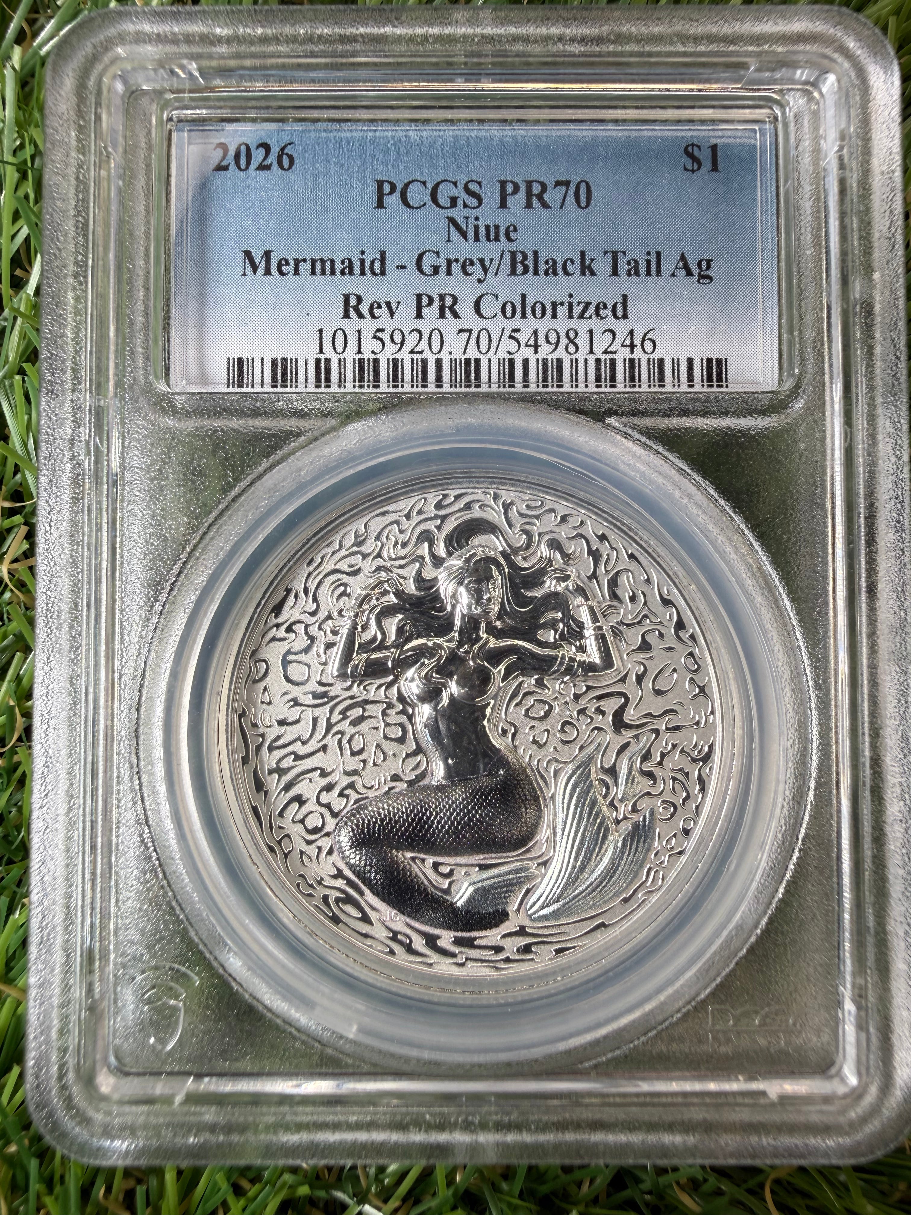 Niue Mermaid 2026 Grey/Black Tail Colourised 1 OZ .999 Fine Silver PCGS PR70