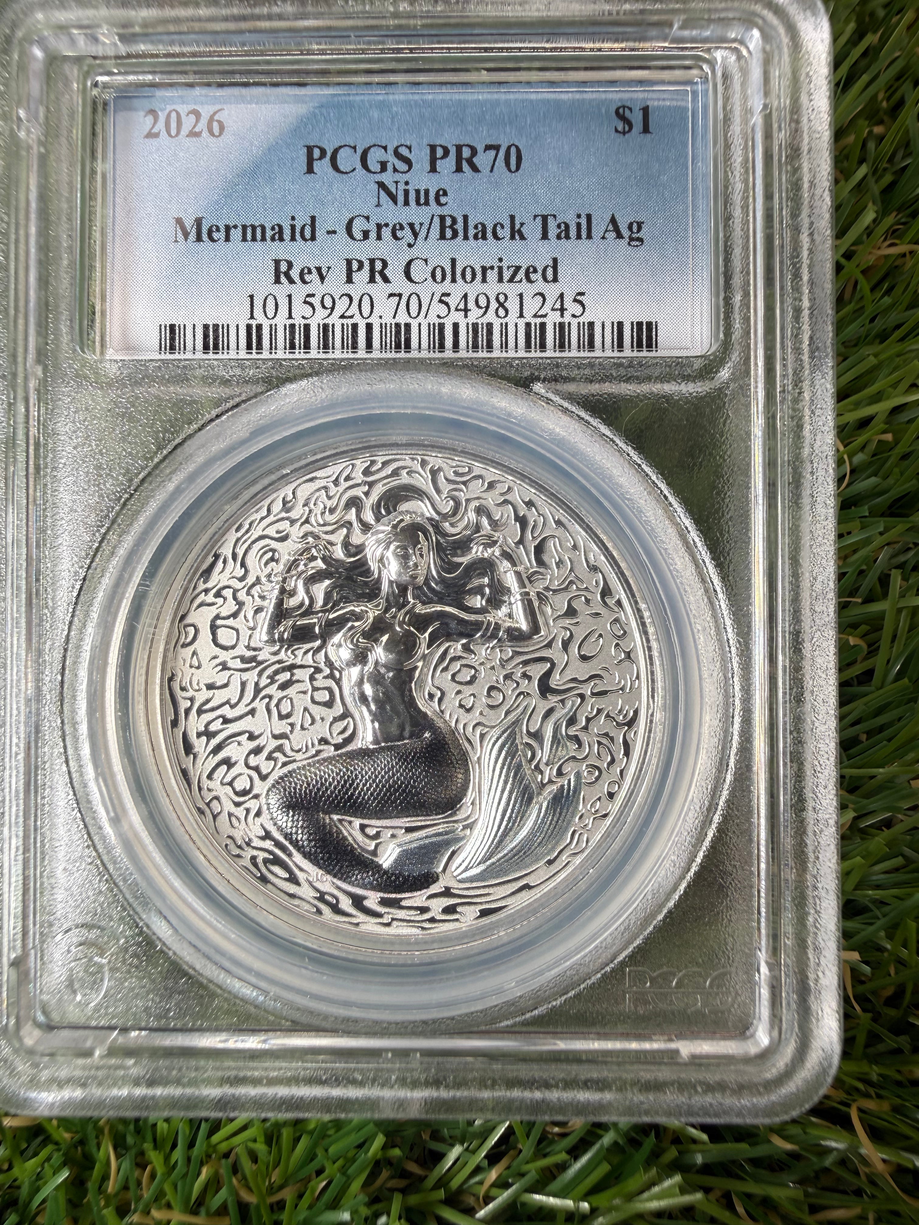 Niue Mermaid 2026 Grey/Black Tail Colourised 1 OZ .999 Fine Silver PCGS PR70