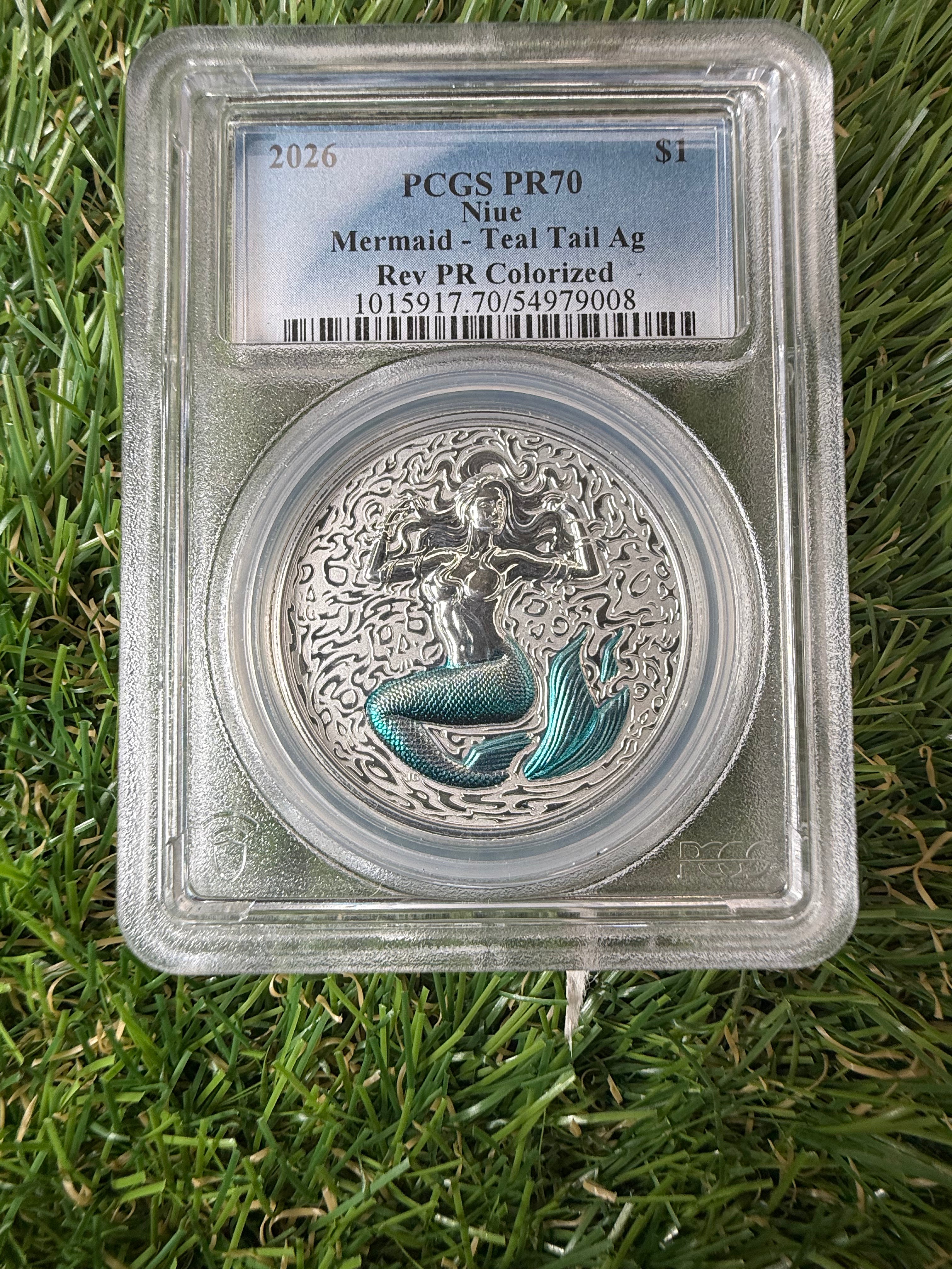 Niue Mermaid 2026 Teal Tail Colorised 1 OZ .999 Fine Silver PCGS PR70