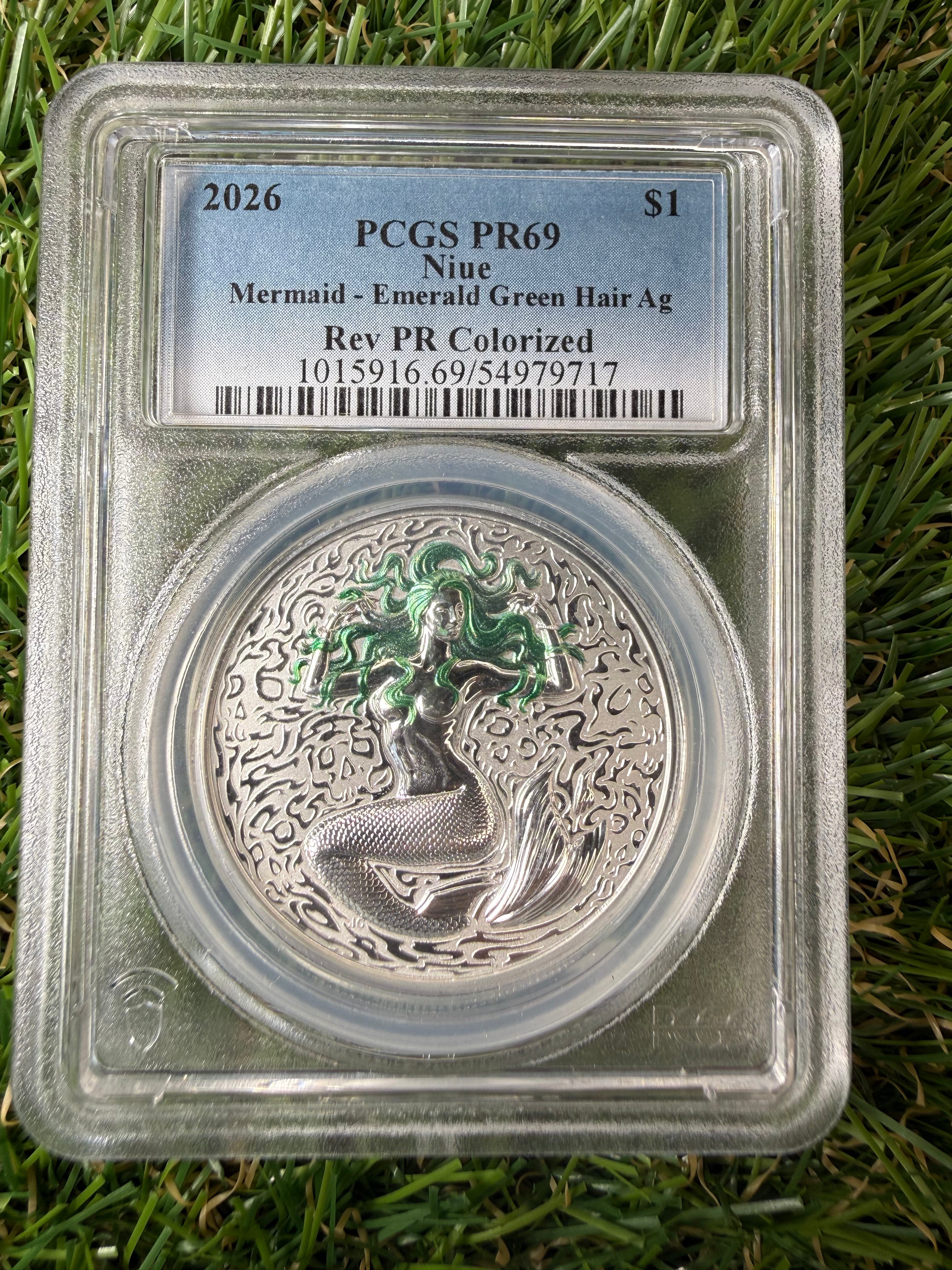 Niue Mermaid 2026 Emerald Green Hair Colourised 1 OZ .999 Fine Silver PCGS PR69