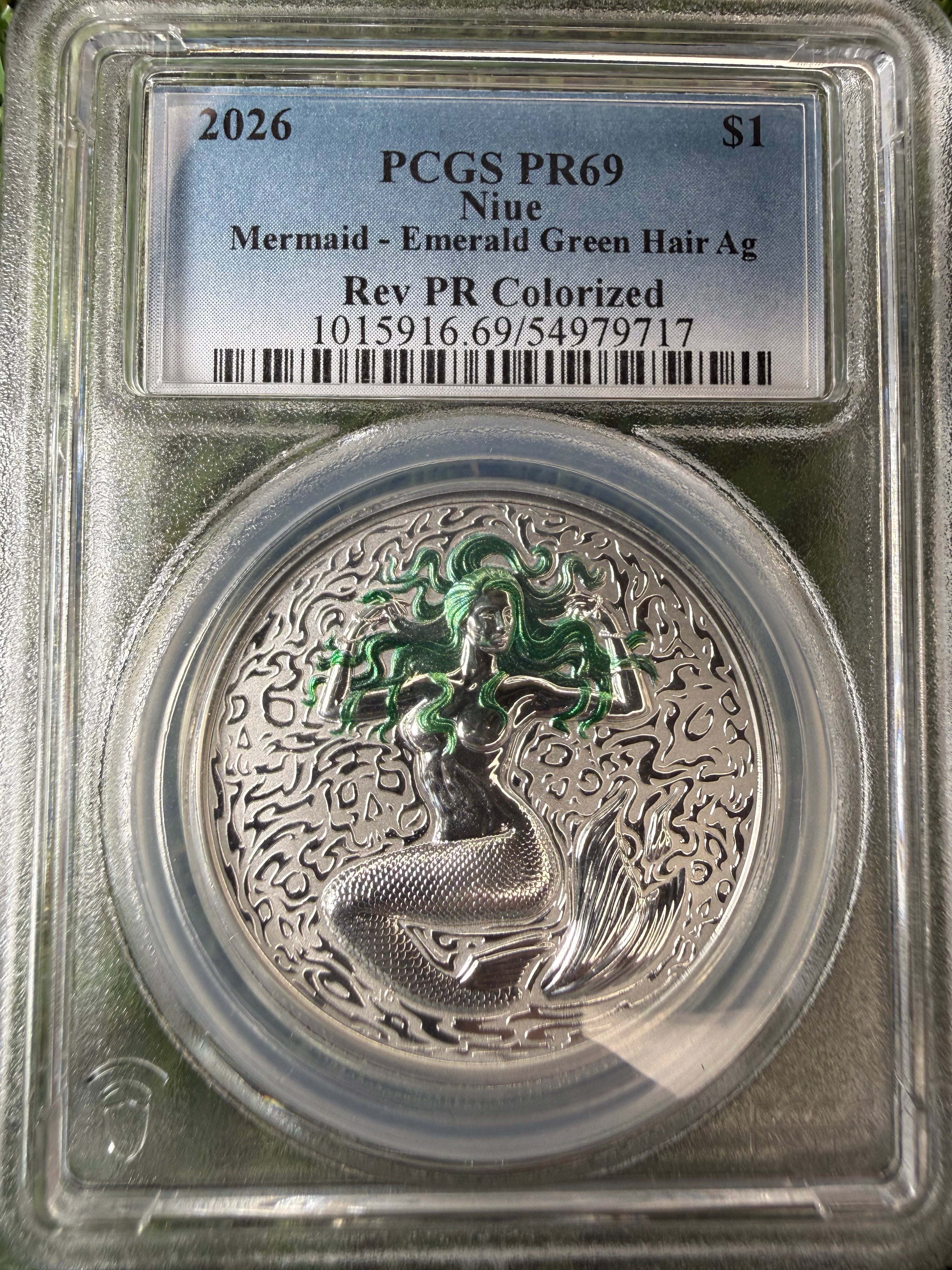 Niue Mermaid 2026 Emerald Green Hair Colourised 1 OZ .999 Fine Silver PCGS PR69