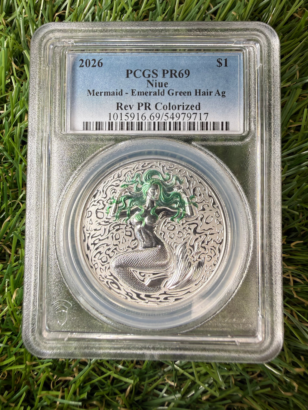 Niue Mermaid 2026 Emerald Green Hair Colourised 1 OZ .999 Fine Silver PCGS PR69