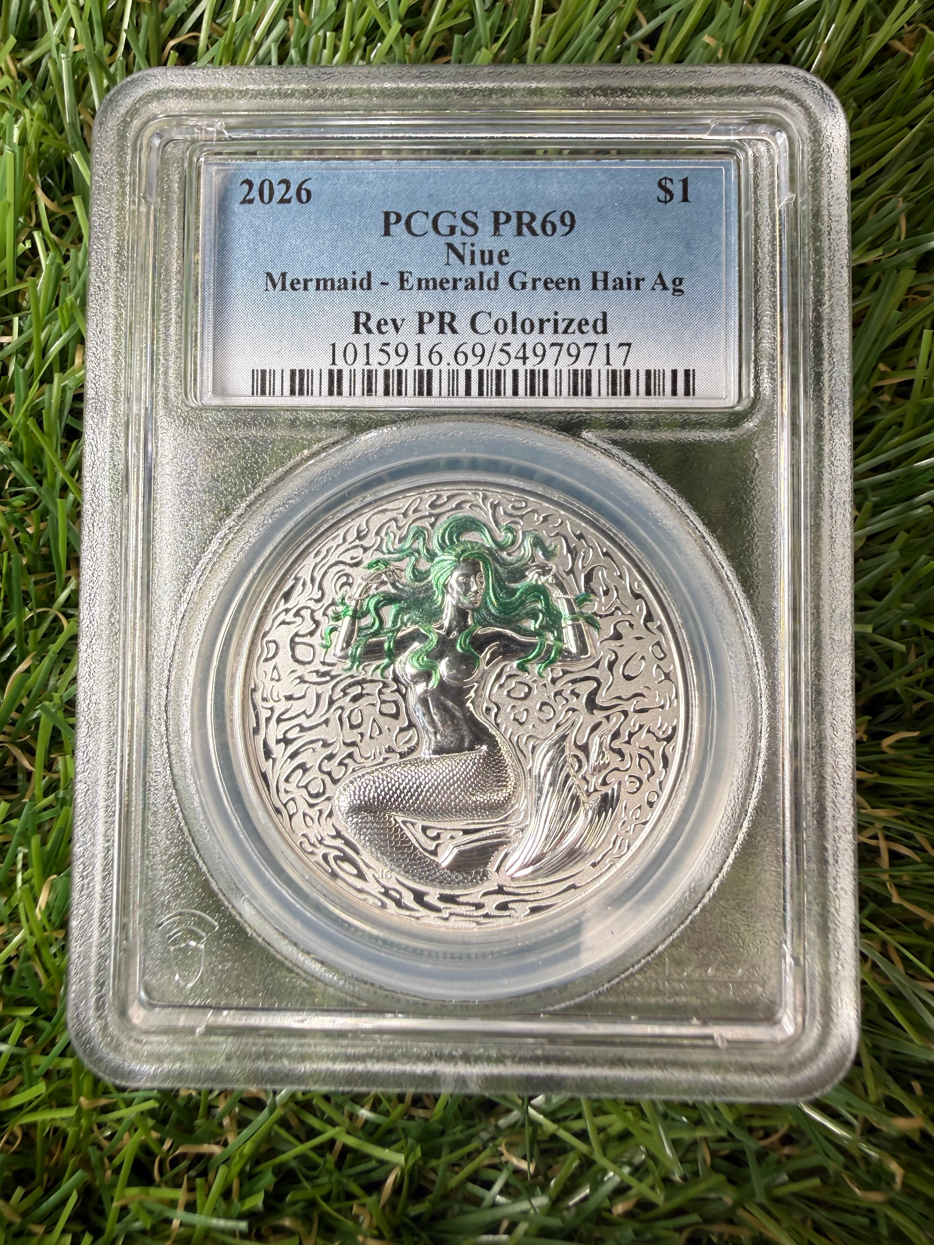 Niue Mermaid 2026 Emerald Green Hair Colourised 1 OZ .999 Fine Silver PCGS PR69