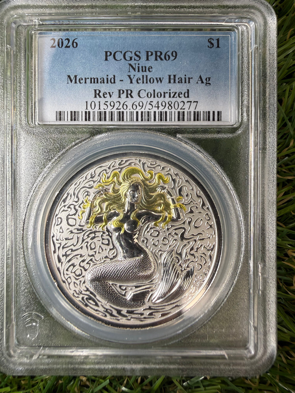 Niue Mermaid 2026 Yellow Hair Colourised 1 OZ .999 Fine Silver PCGS PR69