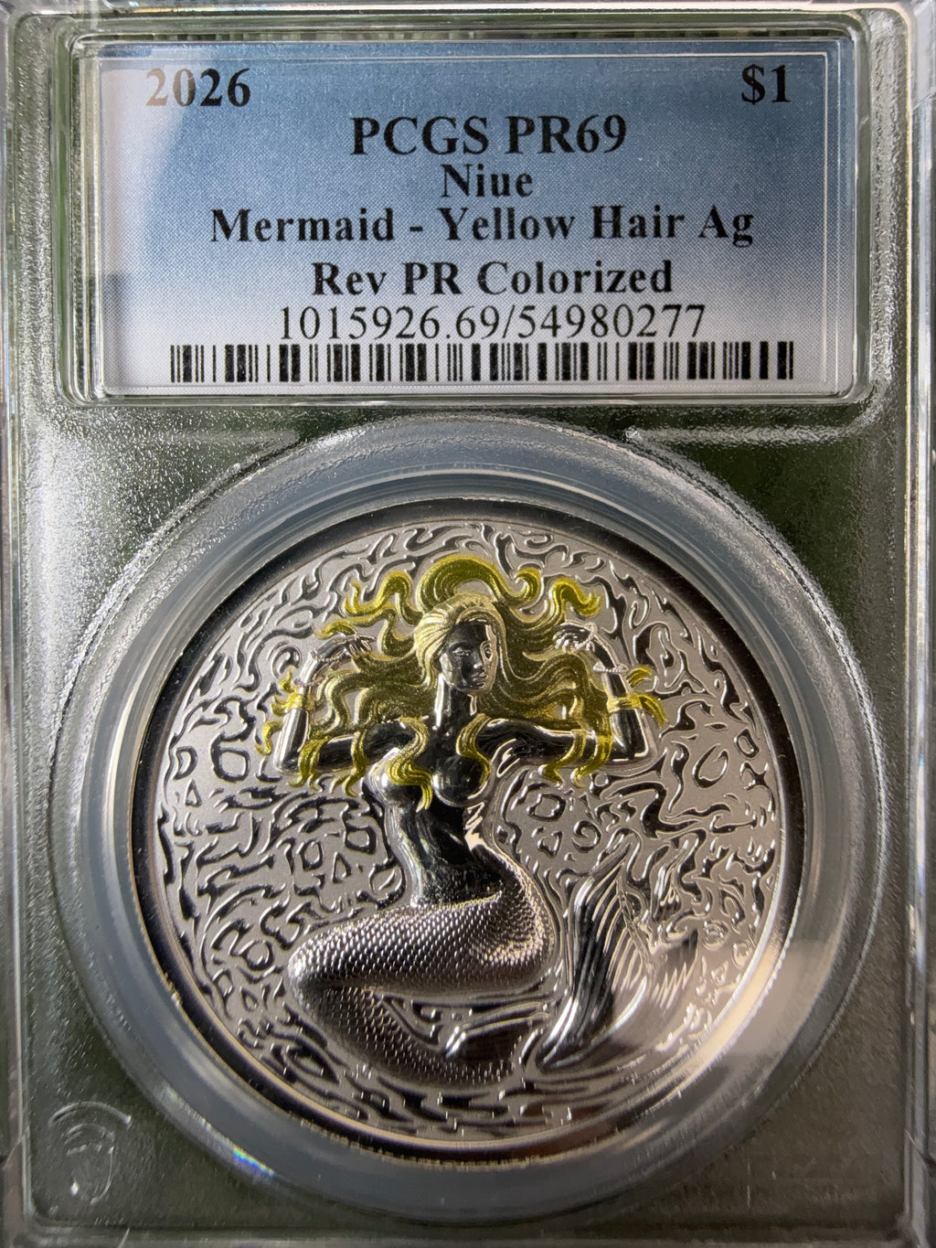 Niue Mermaid 2026 Yellow Hair Colourised 1 OZ .999 Fine Silver PCGS PR69