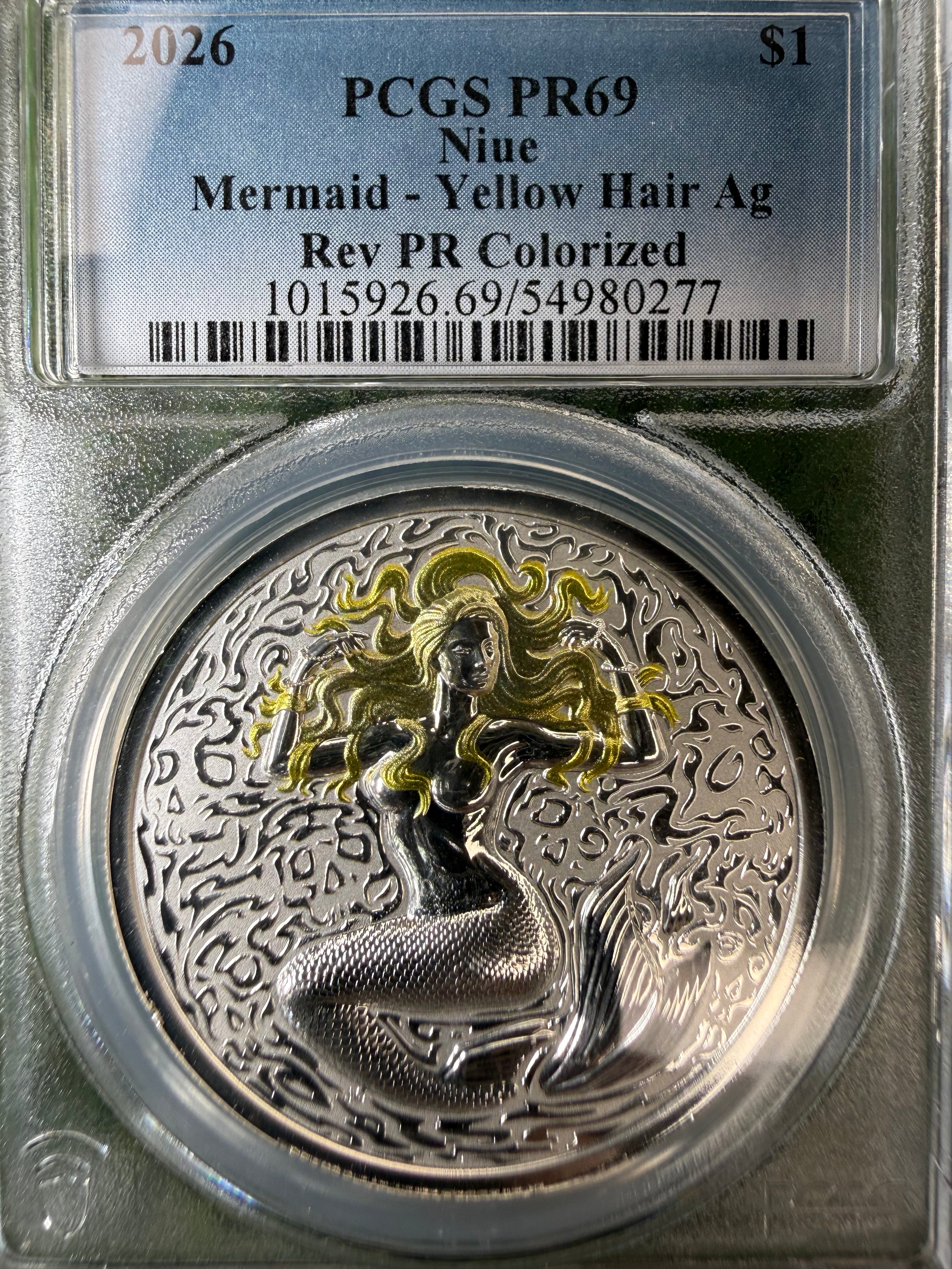 Niue Mermaid 2026 Yellow Hair Colourised 1 OZ .999 Fine Silver PCGS PR69