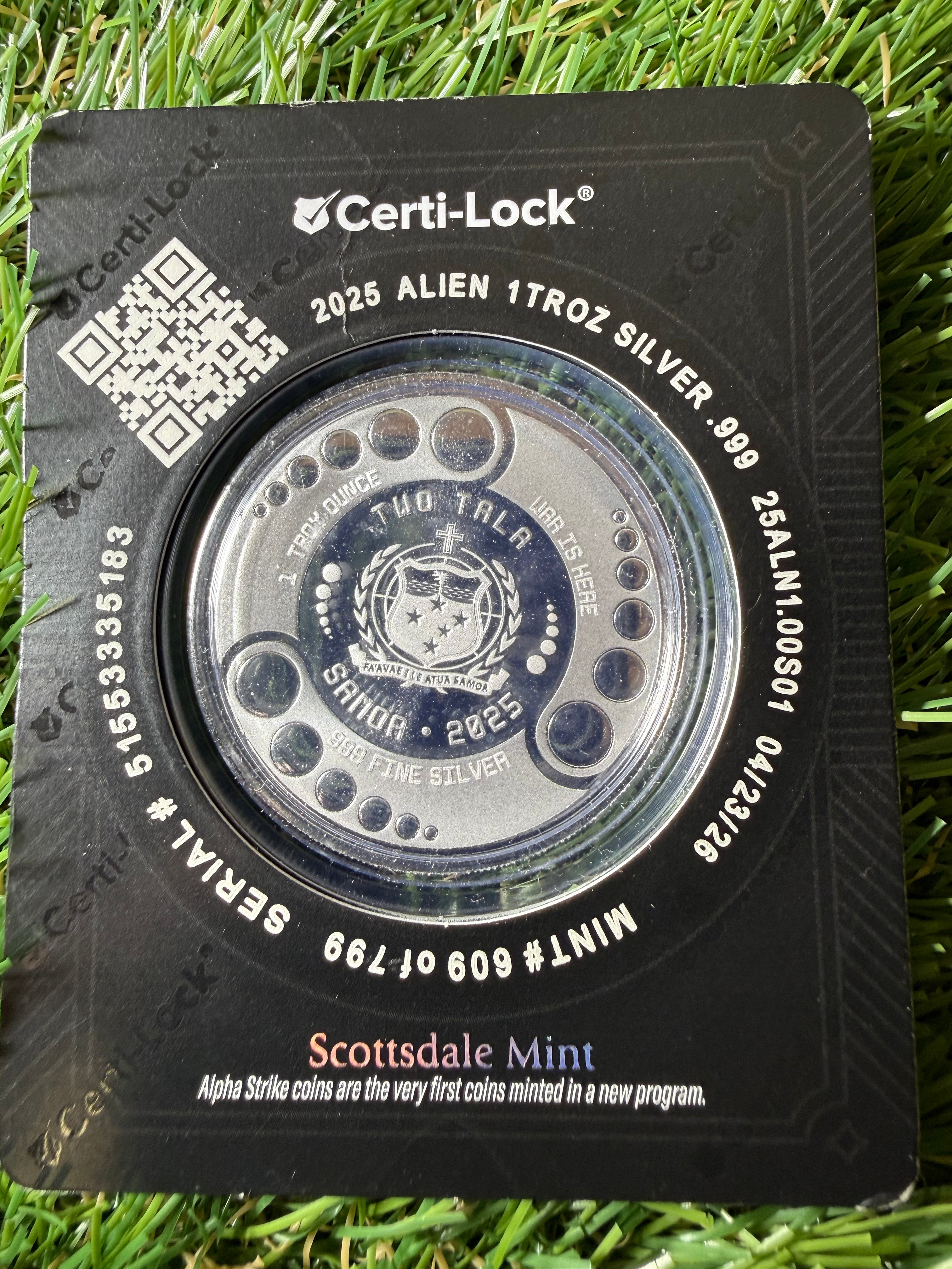 2025 Scottsdale Mint Samoa Alien Architects 1 oz Silver Coin Alpha Strike™ in Certi-Lock case
